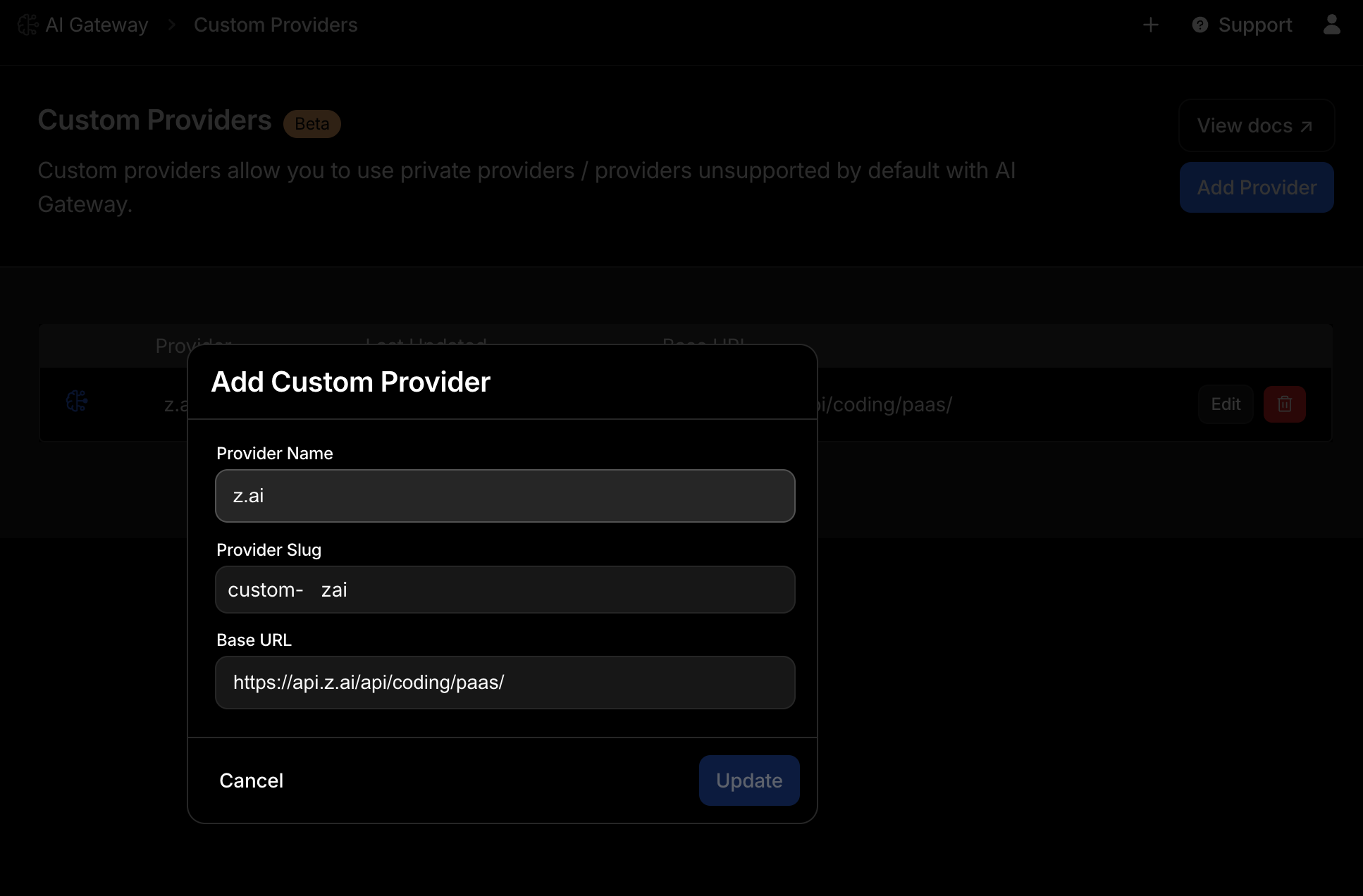 Cloudflare AI Gateway custom provider configuration showing Z.AI setup