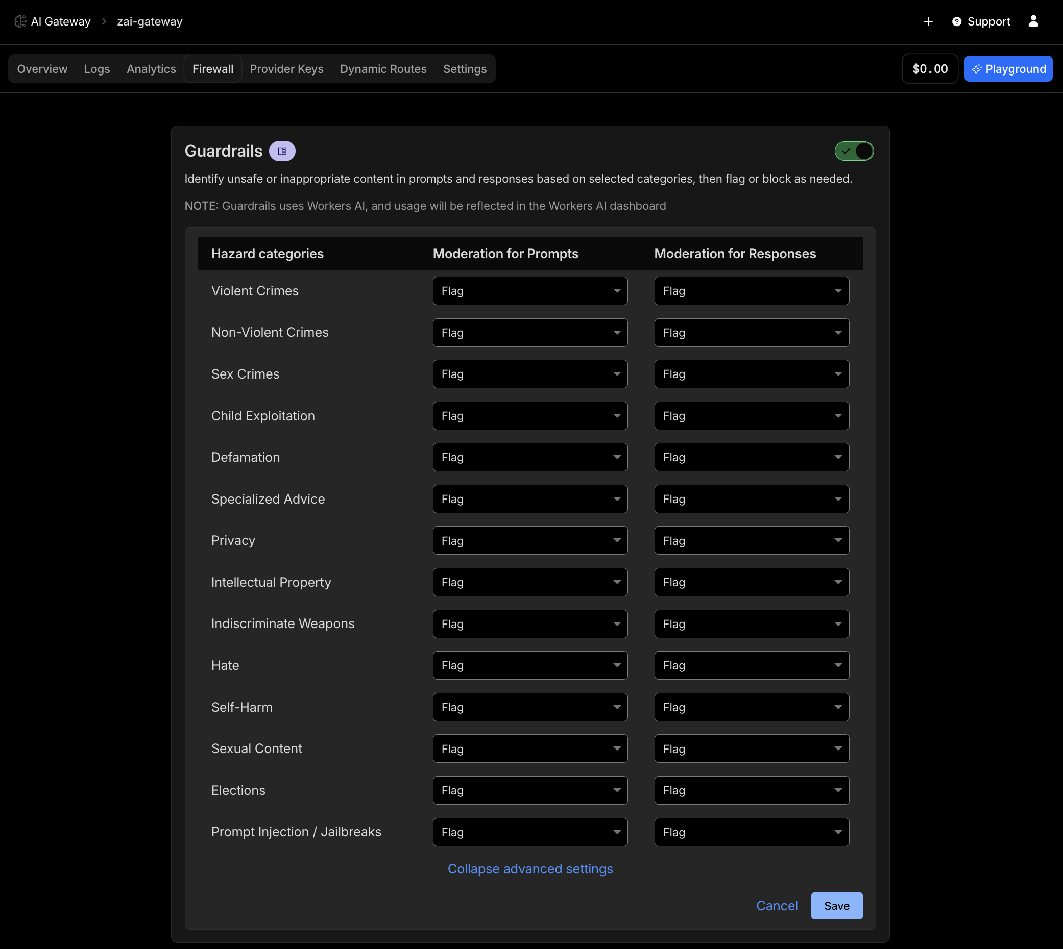 Cloudflare AI Gateway firewall and guardrails configuration interface