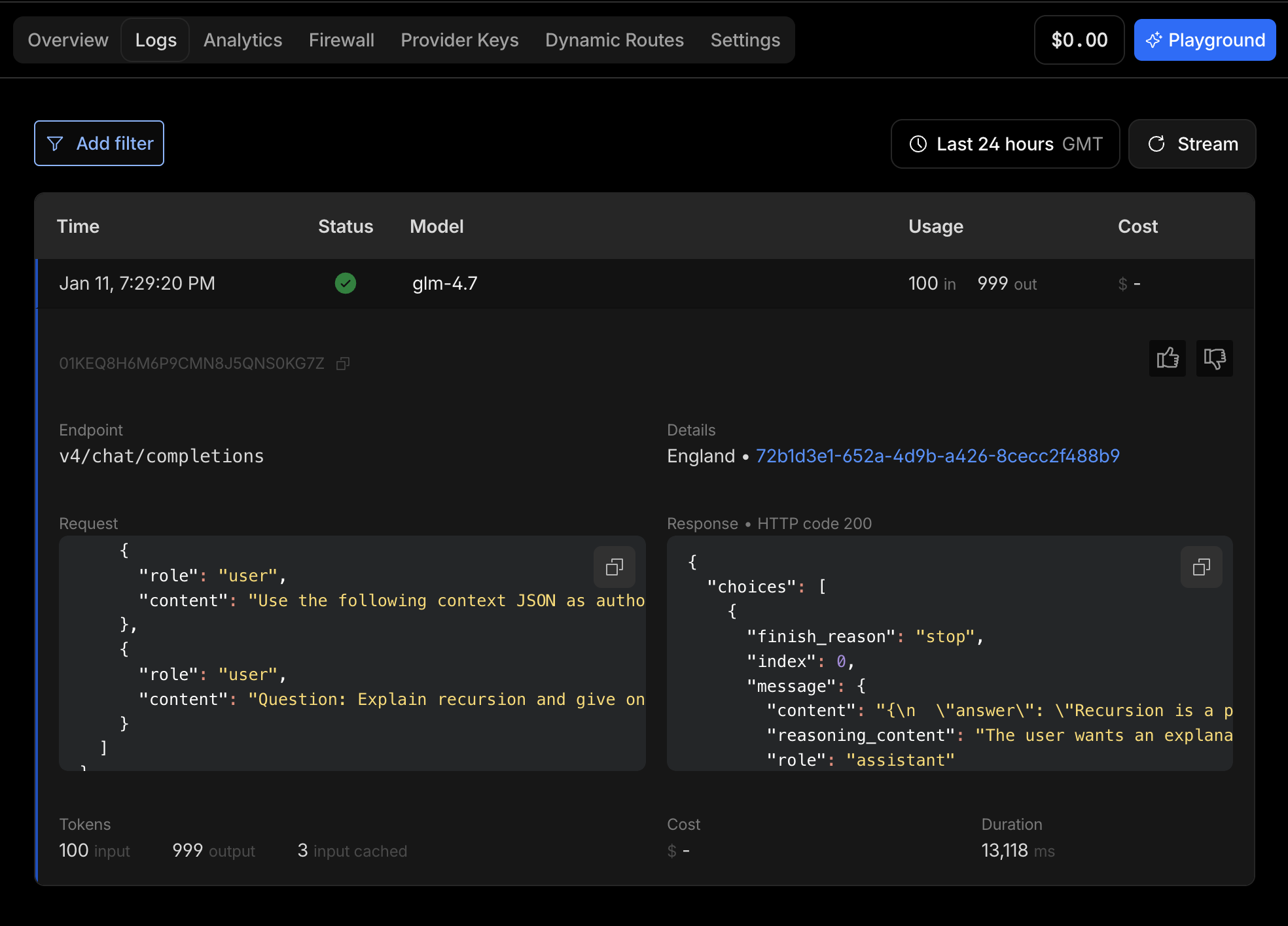 Cloudflare AI Gateway logs interface showing request details, status codes, and error messages