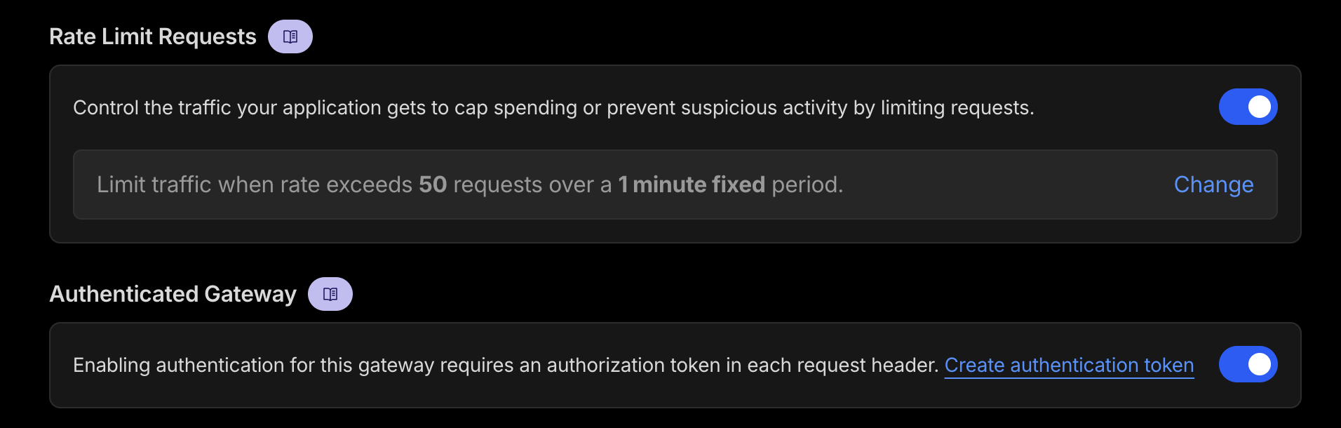 Cloudflare AI Gateway settings showing cache responses and rate limiting configuration