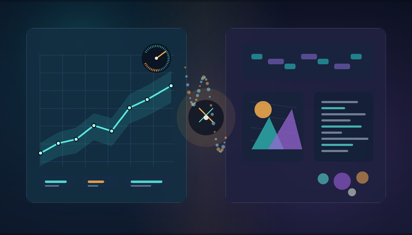 Editorial illustration showing predictive AI forecasting measurable outcomes beside generative AI creating text, code, and images