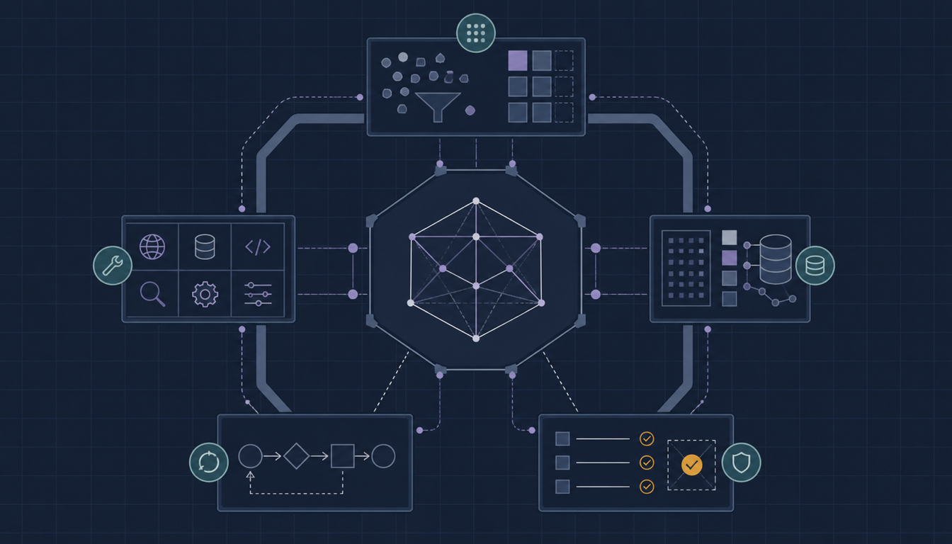 Editorial illustration showing an AI model core surrounded by the tools, memory, control loop, guardrails, and verification layers of an agentic harness