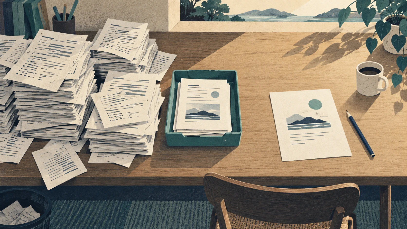 Illustrated desk with piles of reports, selected pages in a tray, and a clear working area