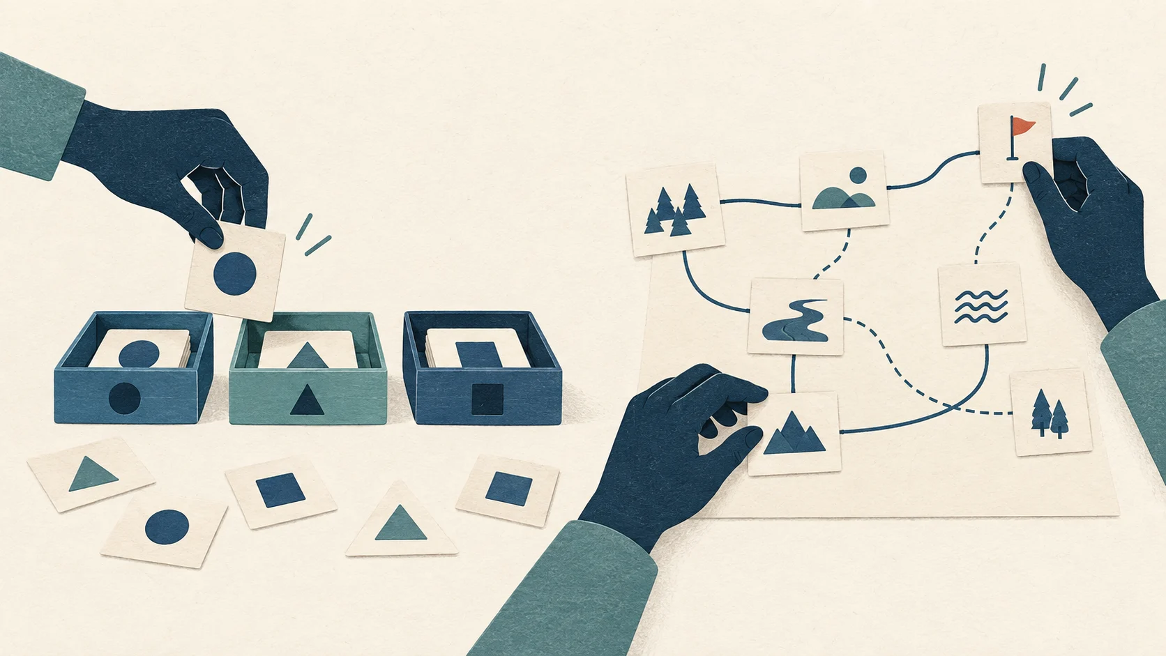 A hand sorts shape cards into matching trays on the left while hands compare connected routes on a map on the right